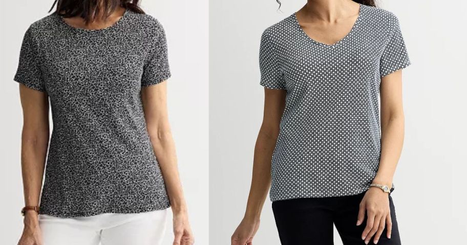 two women wearing kohls tops in black and white