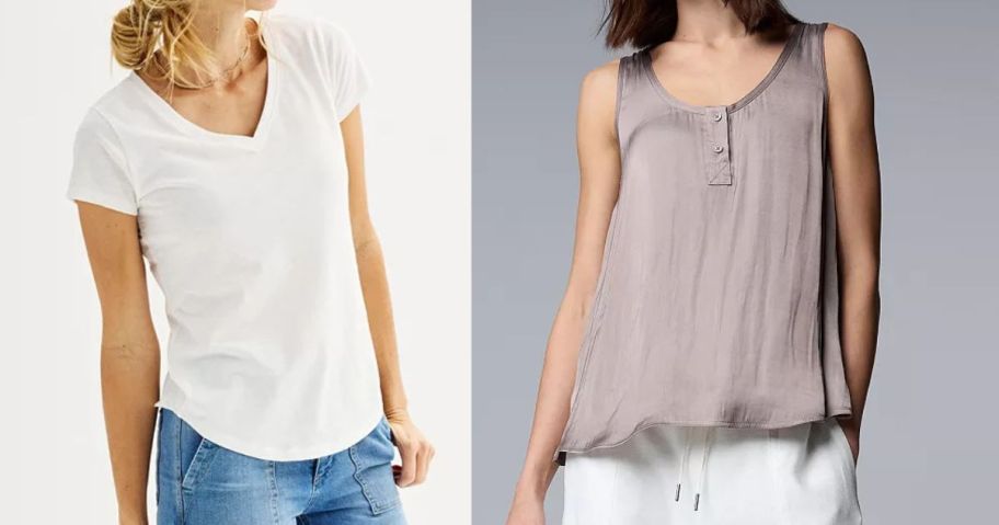 two women wearing kohls tops in white and light pink