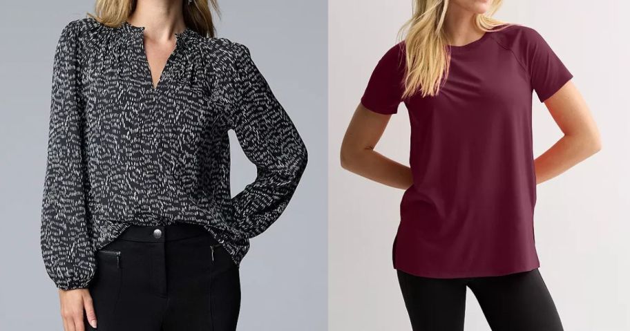 two women wearing kohls tops on black and white and red