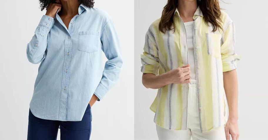 two women wearing kohls tops in light blue and striped yellow and white