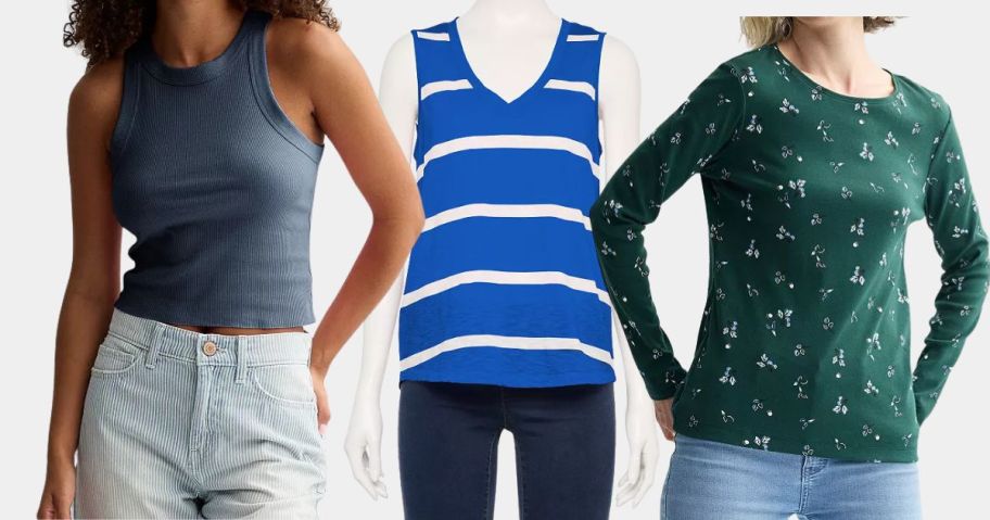 three women wearing kohls tops in blue and green
