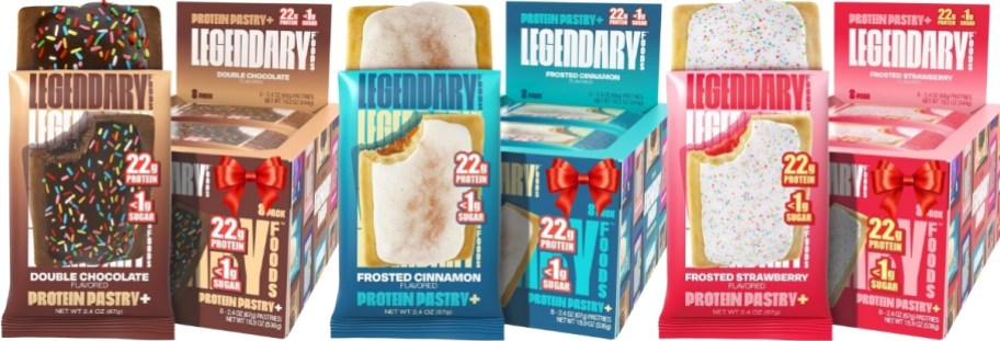 3 8-count boxes of protein pop tarts in double chocolate, cinnamon and strawberry