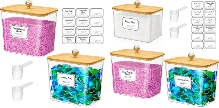 laundry storage containers, labels, and scoops 