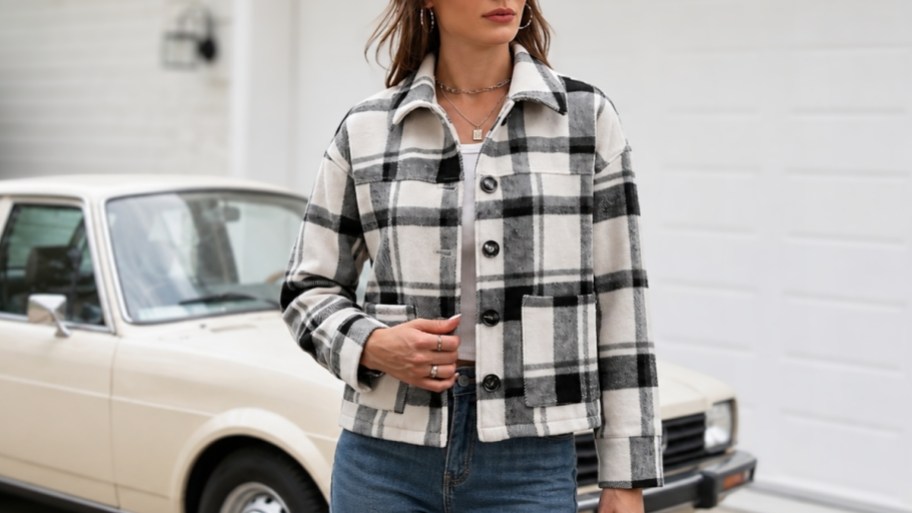 a woman in a plaid flannel shacket