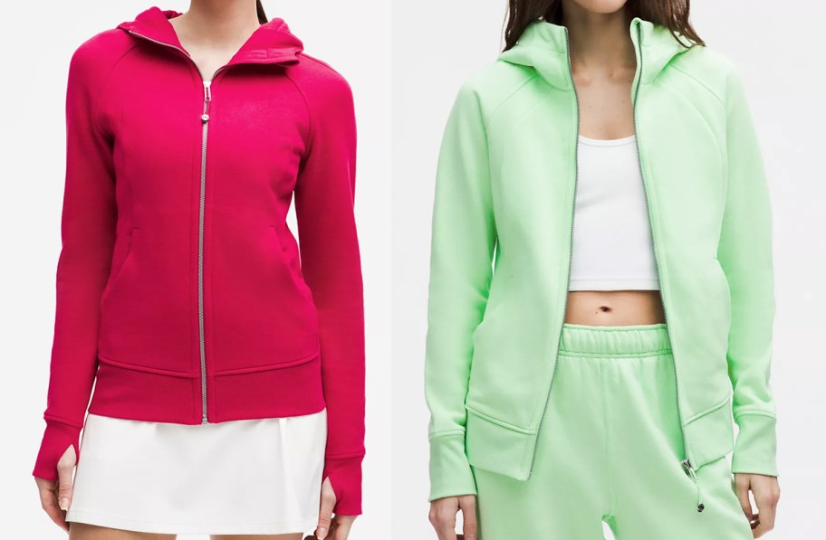 two women in dark pink and light green half zip sweatshirts