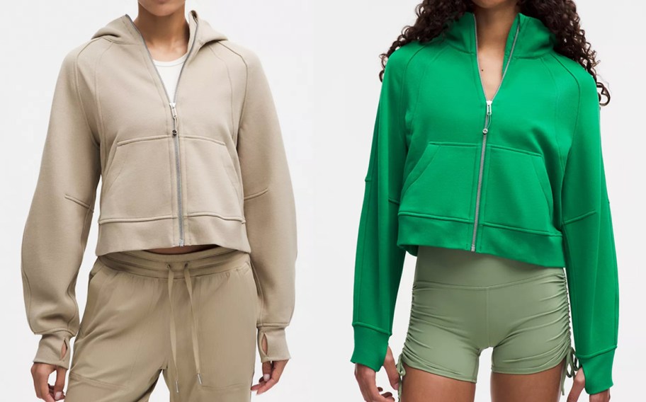 two women in tan and green full-zip hoodies