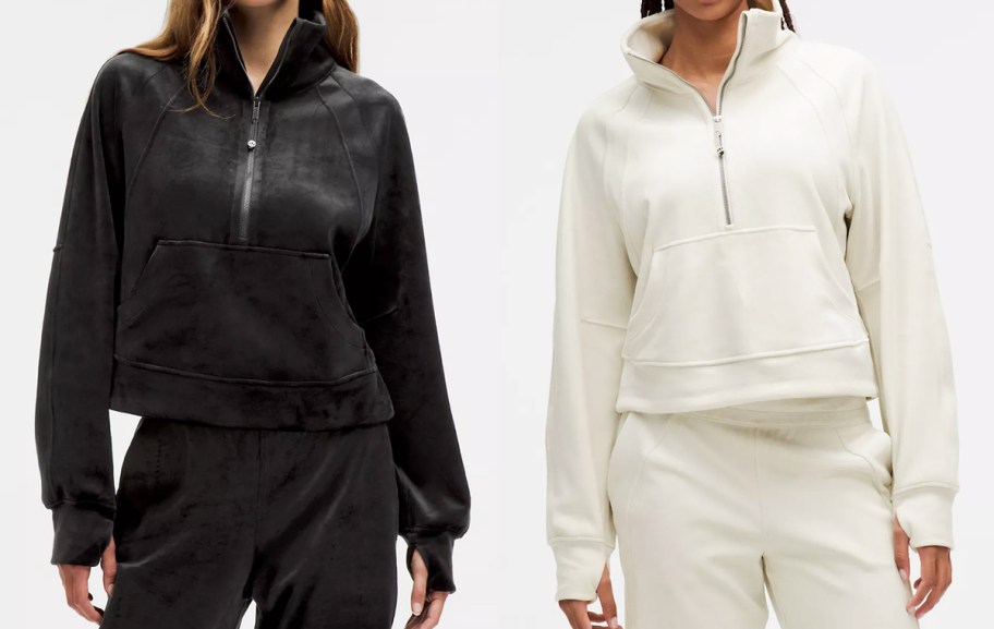 two women in black and white velvet sweatshirts
