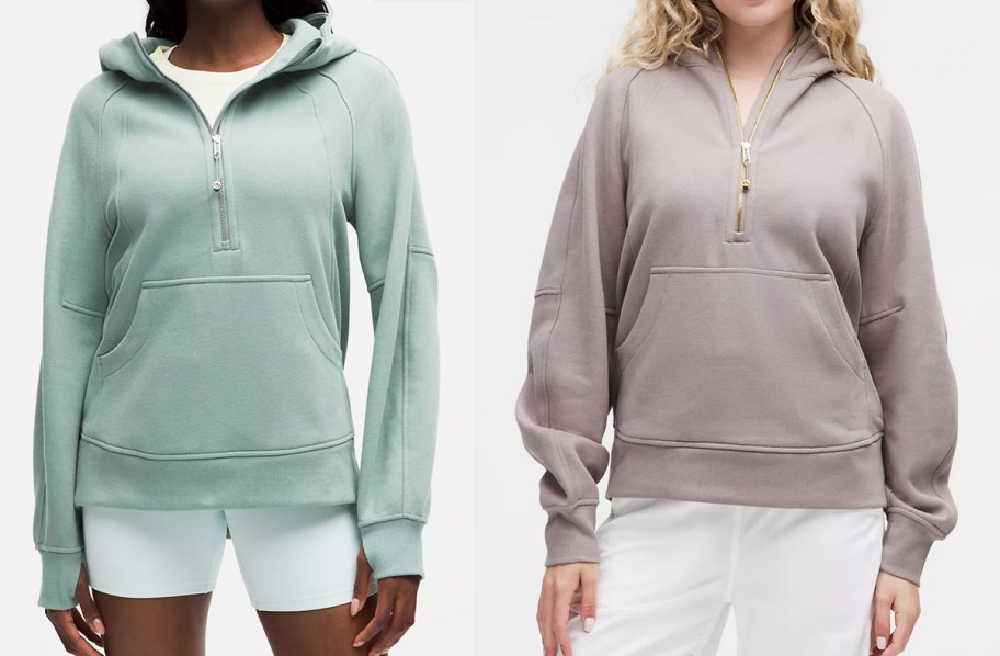 two women in mint green and brown half-zip hoodies
