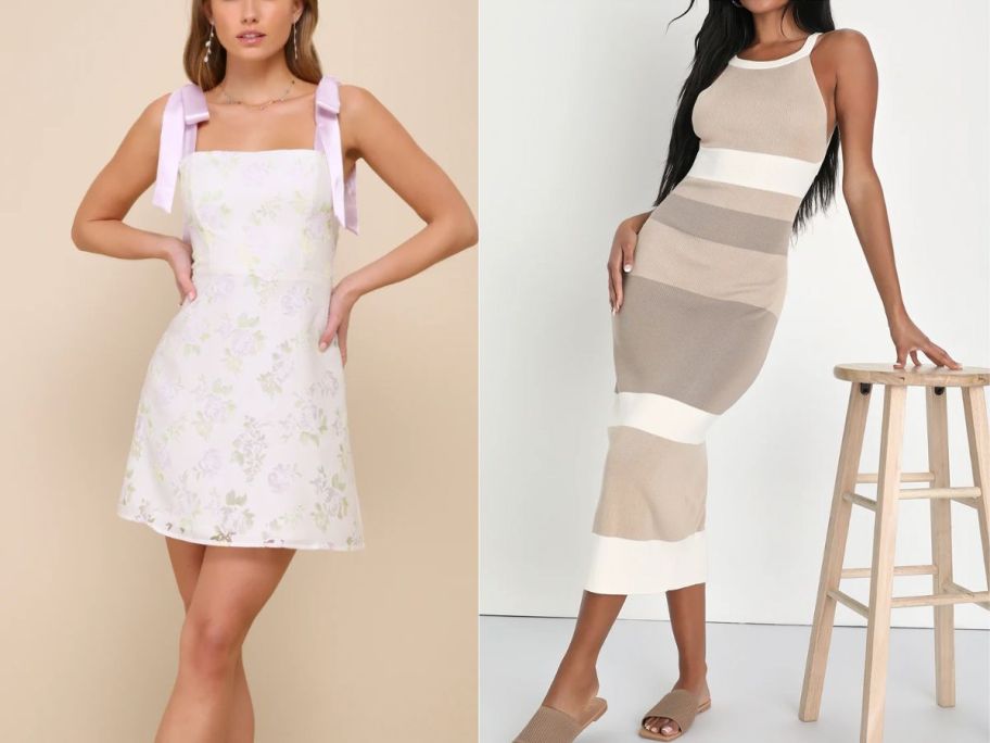 2 women wearing light colored dresses