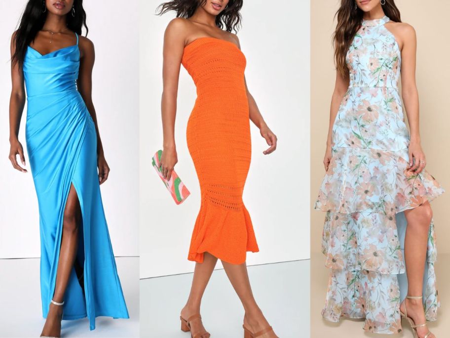 3 women wearing long dresses