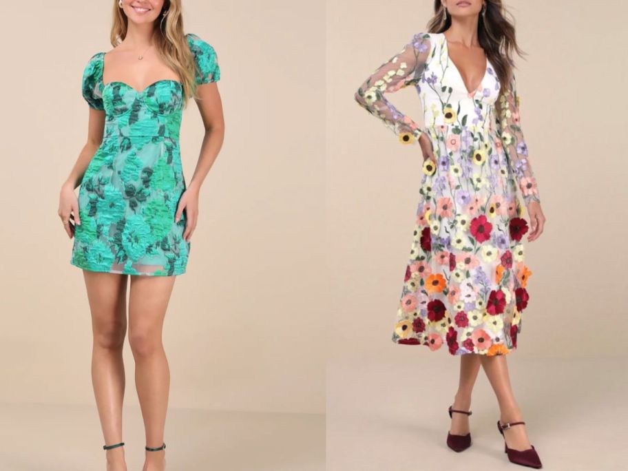 2 women in floral dresses