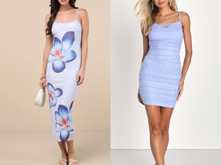2 women wearing periwinkle dresses