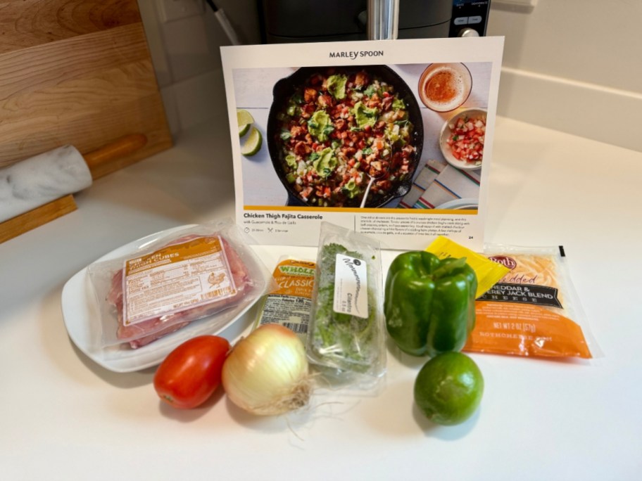 food items and a recipe plan on a counter