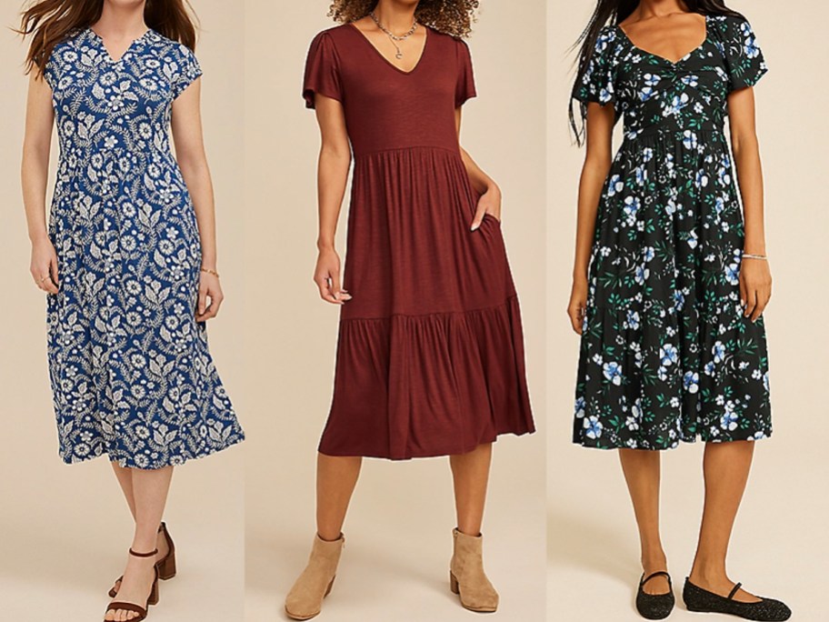 women wearing blue, red, and black floral dress