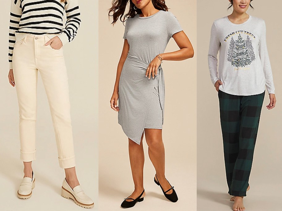 women wearing white jeans, gray dress, and pajamas 