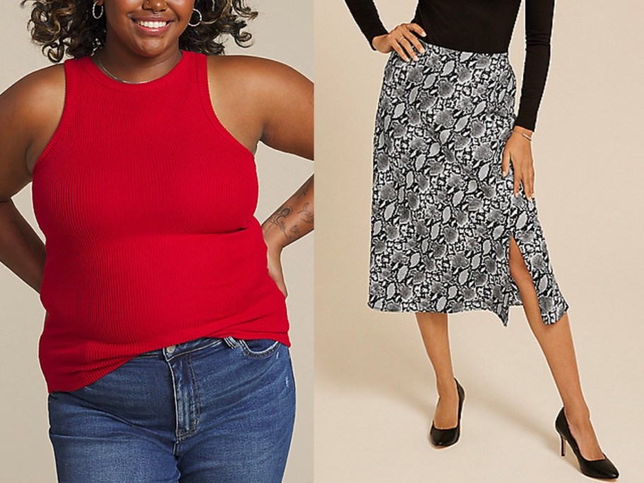 women wearing red shirt and black and white skirt 