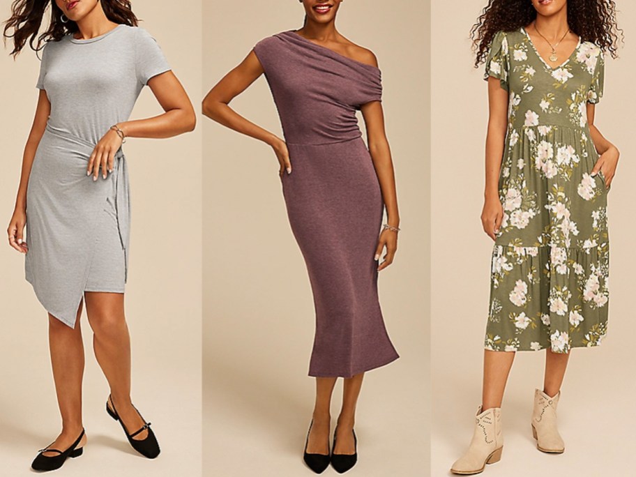 women wearing gray, purple, and green dresses