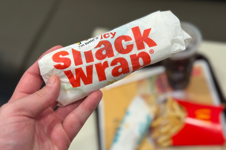 hand holding a spicy mcdonalds snack wrap above a tray full of food