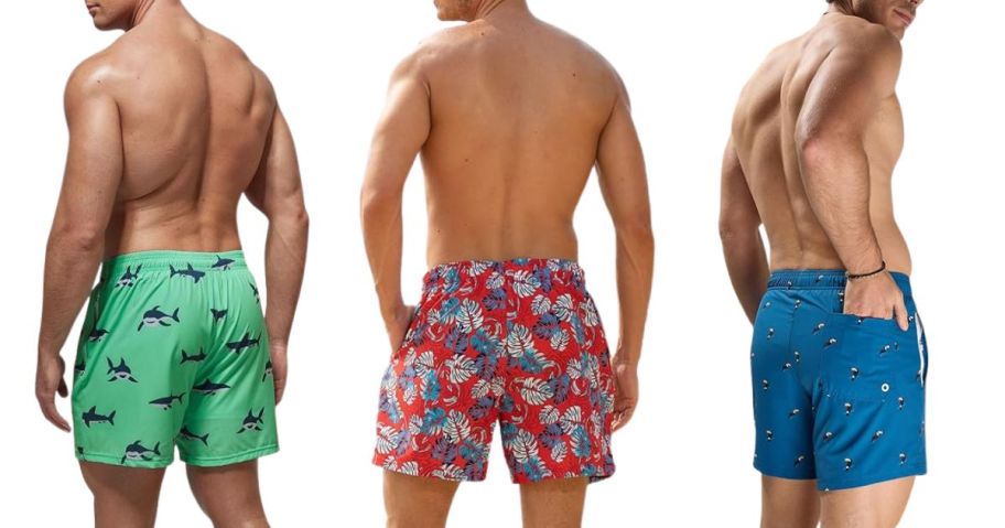 three men wearing swim trunks