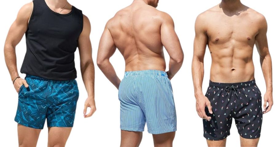 three men wearing swim trunks