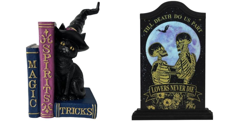 Ashland 7.75" Witch Cat w/ Spell Books Tabletop Decor and 12" Till Death Do Us Part Skeleton Tabletop Sign
