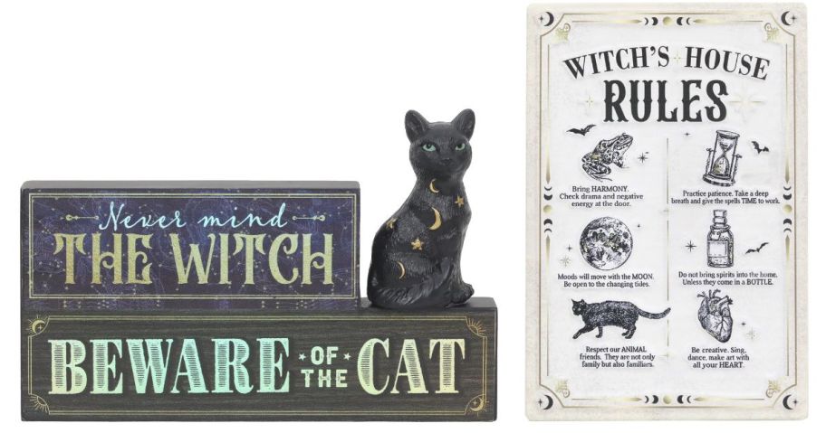 Ashland 8" Beware of the Cat Tabletop Sign and Witch's House Rules Wall Sign