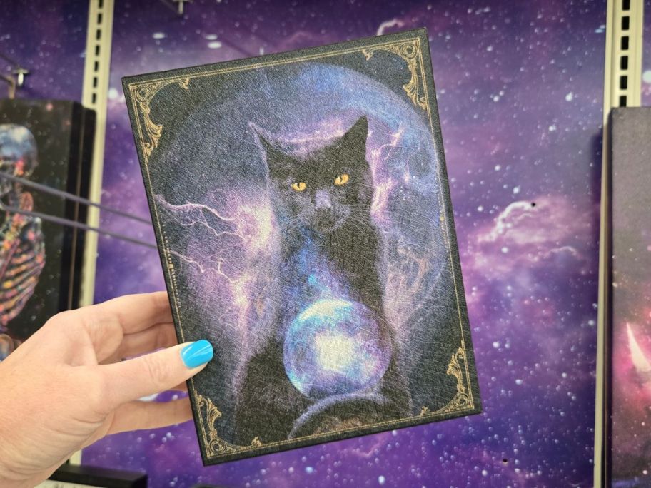 Iridescent Moon Cat Wall Decor in hand in store