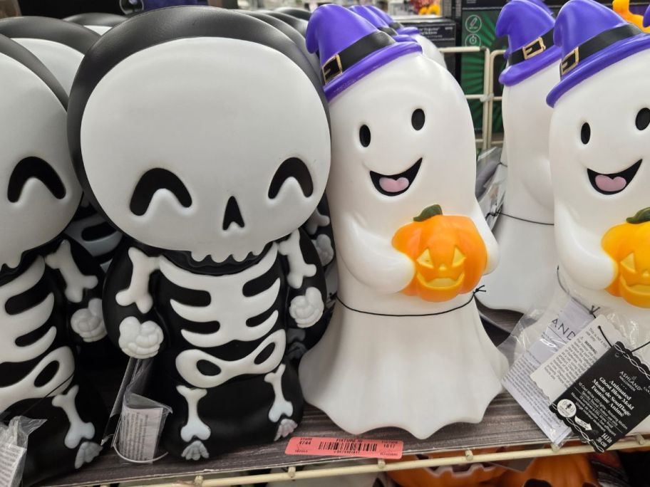 Animated Skeleton and Ghost Blow Molds on shelf in store