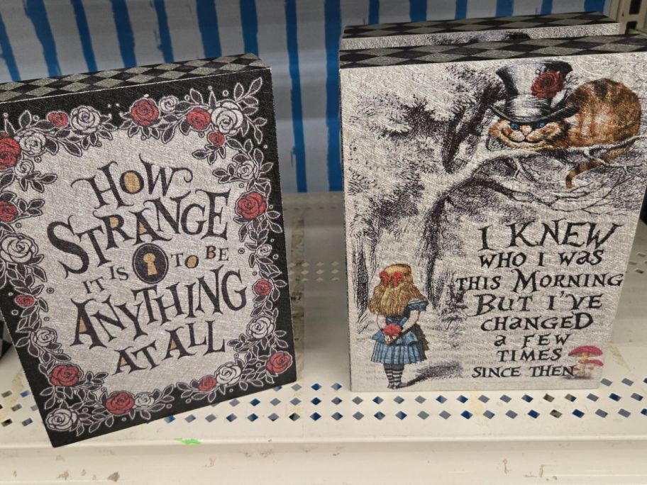 alice in wonderland signs on shelf in store