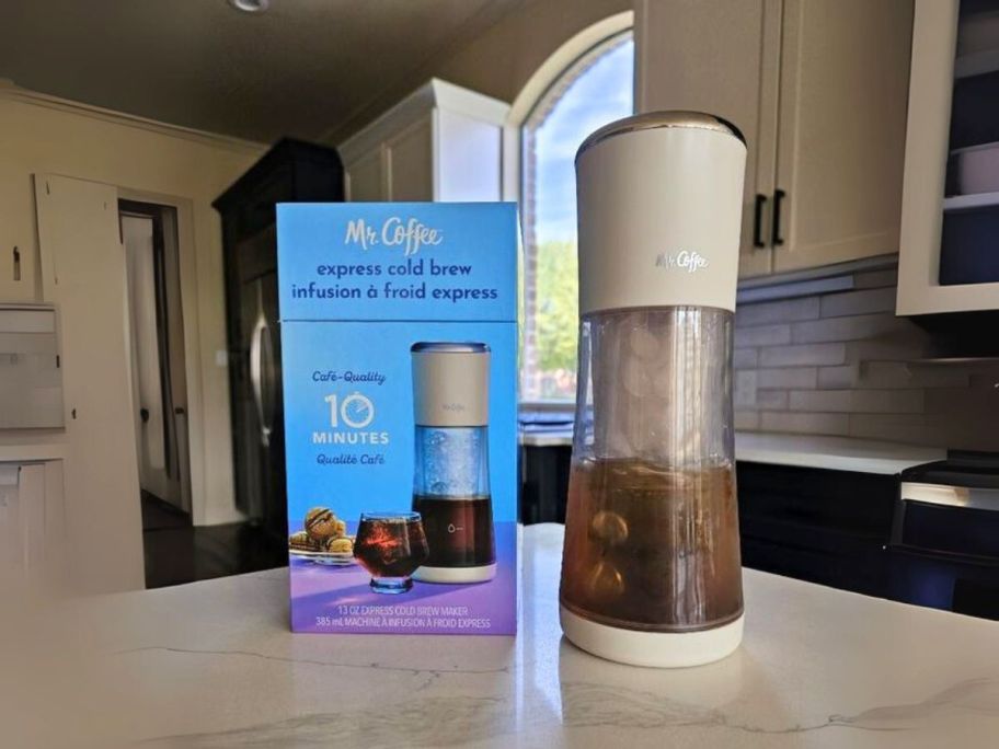 Mr. Coffee Express Cold Brew Coffee Maker on counter in kitchen next to box