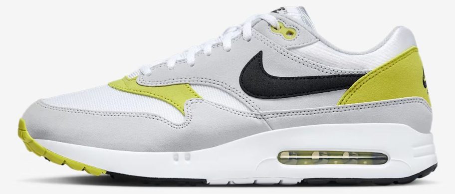 grey, yellow, and white Nike Air Max 1'86 OG G Men's Golf Shoe