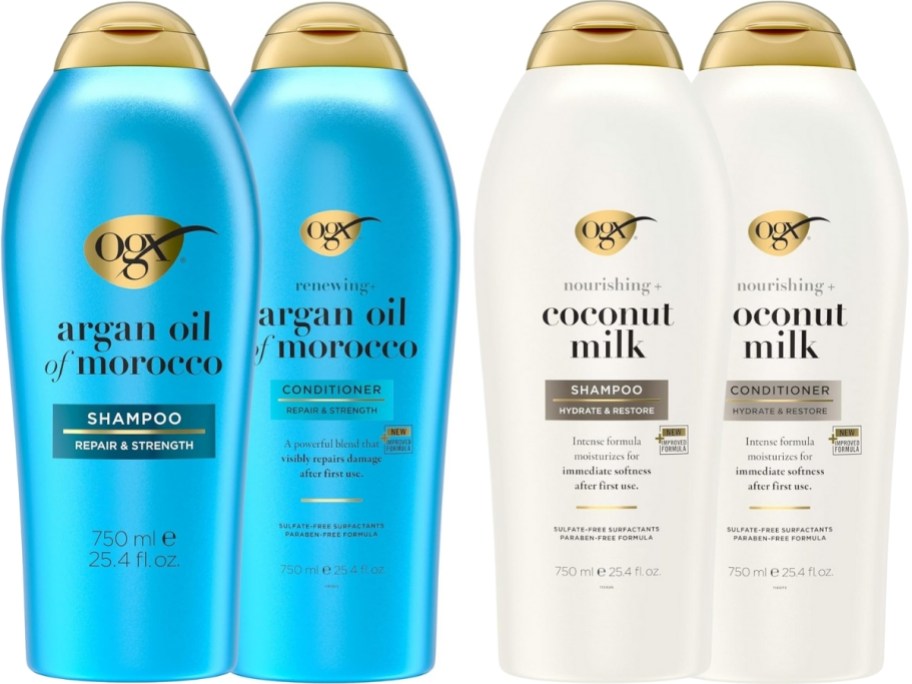 two sets of ogx shampoos and conditioners