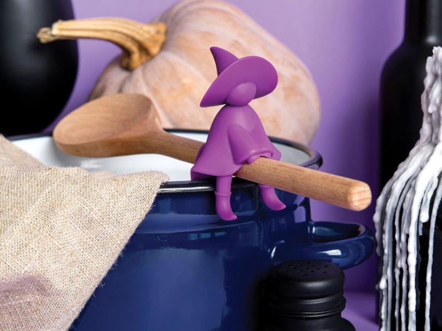 purple OTOTO Agatha Spoon Holder & Steam Releaser on pot