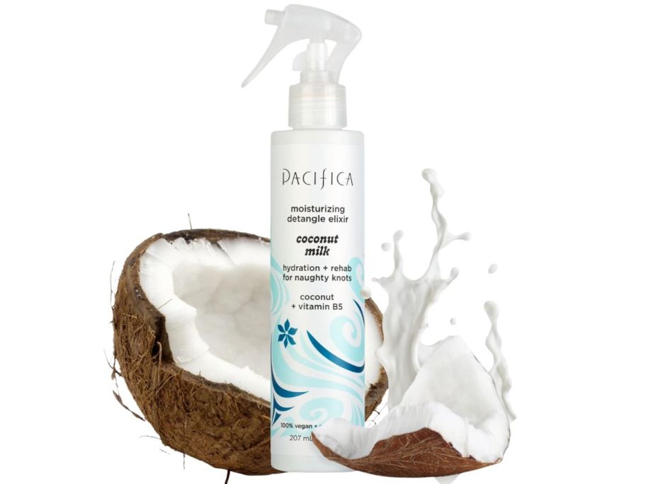 Pacifica Detangling spray with broke coconut in background
