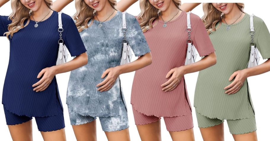 four women wearing maternity pajamas