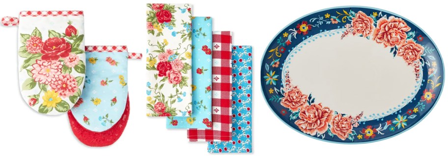 floral kitchen mitts, towels, and serving platter 