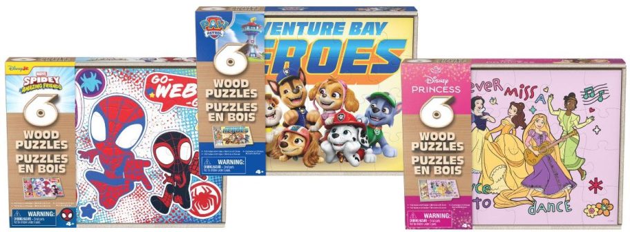 a spiderman, paw patrol, and disney princess puzzle 6 pack