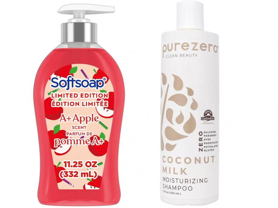 apple softsoap hand soap and purezero shampoo bottle