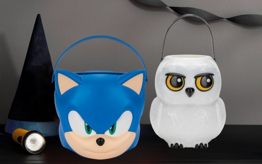 sonic hedgehog and hedwig owl halloween treat pails