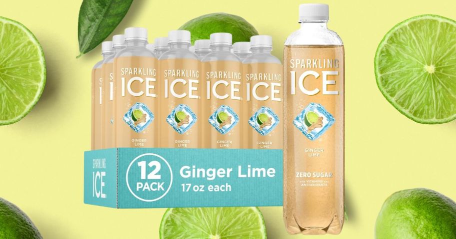 Sparkling Ice Ginger Lime Sparkling Water Zero Sugar 17oz 12-Pack against a lime background