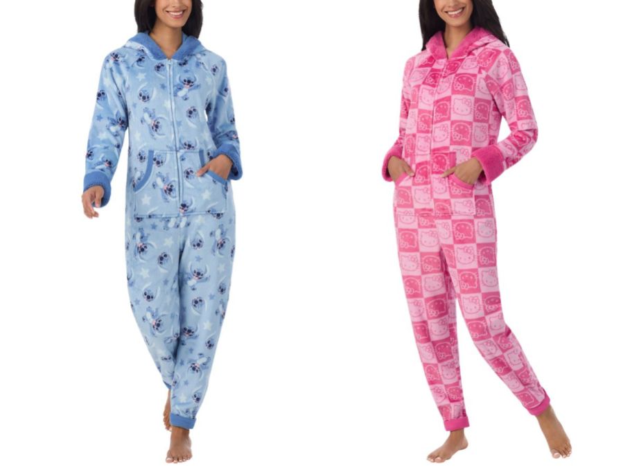 two women wearing Women's One-Piece Pajamas in stitch and hello kitty designs