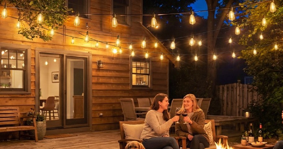 Two people sit by a fire pit, toasting with wine glasses on a cozy, string-lit patio.