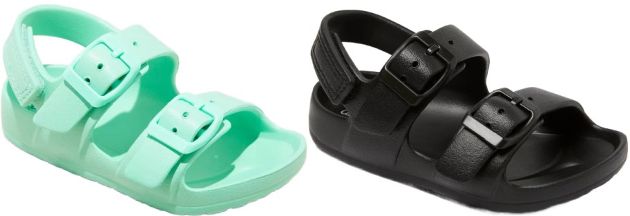 Two sandal-style shoes with adjustable buckles are shown: one in mint green and the other in black.