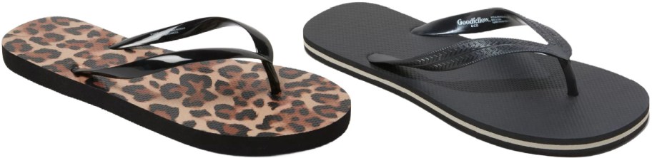 Two flip-flops are shown: one with a leopard print design and black straps, the other minimalist black with textured straps.