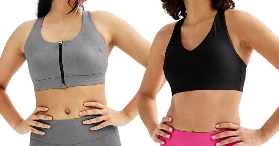 two women wearing a grey and a black tek gear sports bra