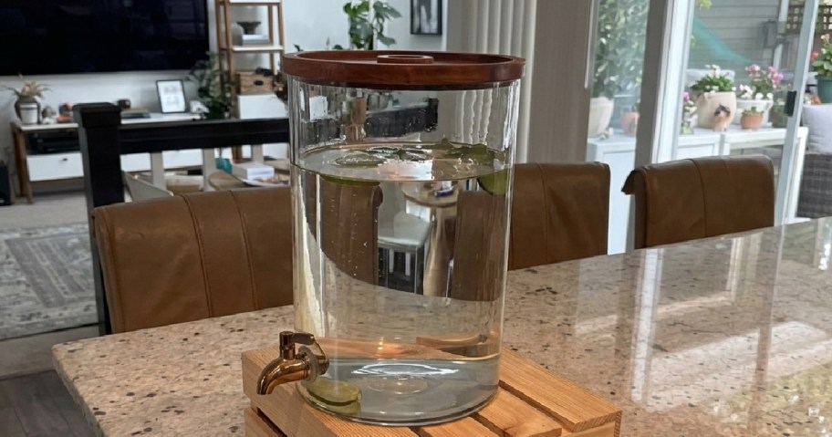 glass beverage container with wood lid in kitchen/family room