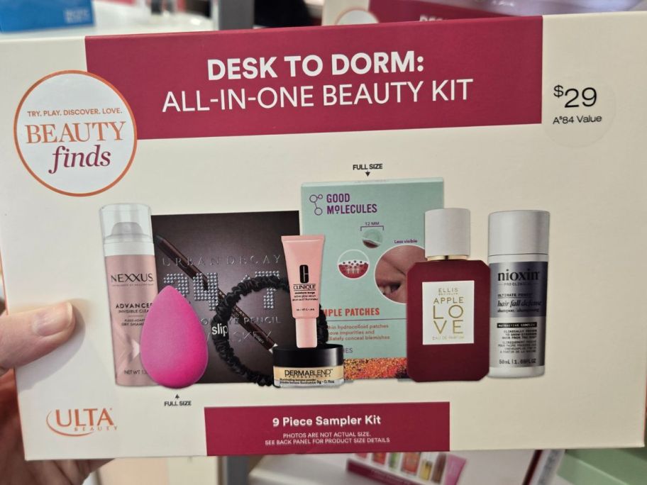 ULTA Desk to Dorm: All-In-One Beauty Kit box in hand in store
