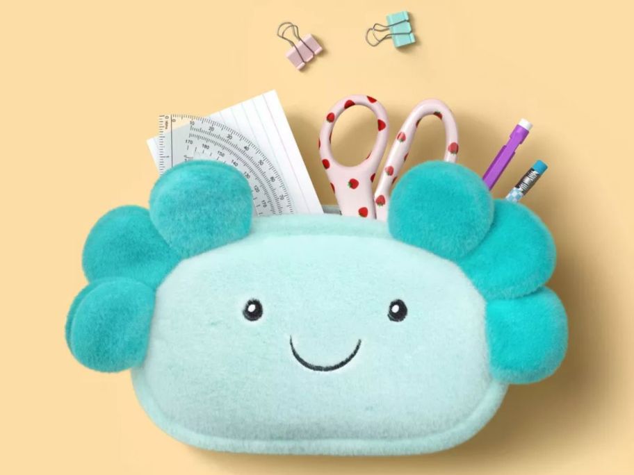 up&up Axolotl Plush Pencil Pouch with supplies in it