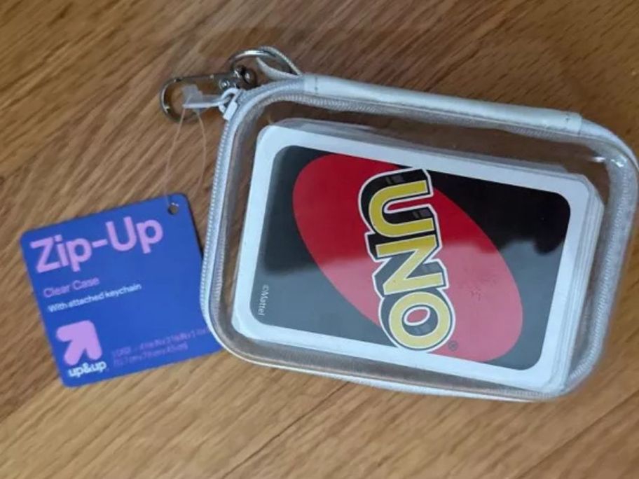 up&up Mini Hard Sided Zipper Case Keychain with uno card game in it