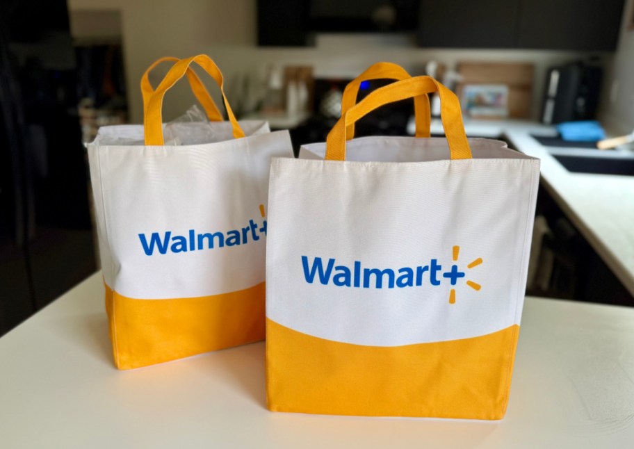 two walmart reusable bags on counter